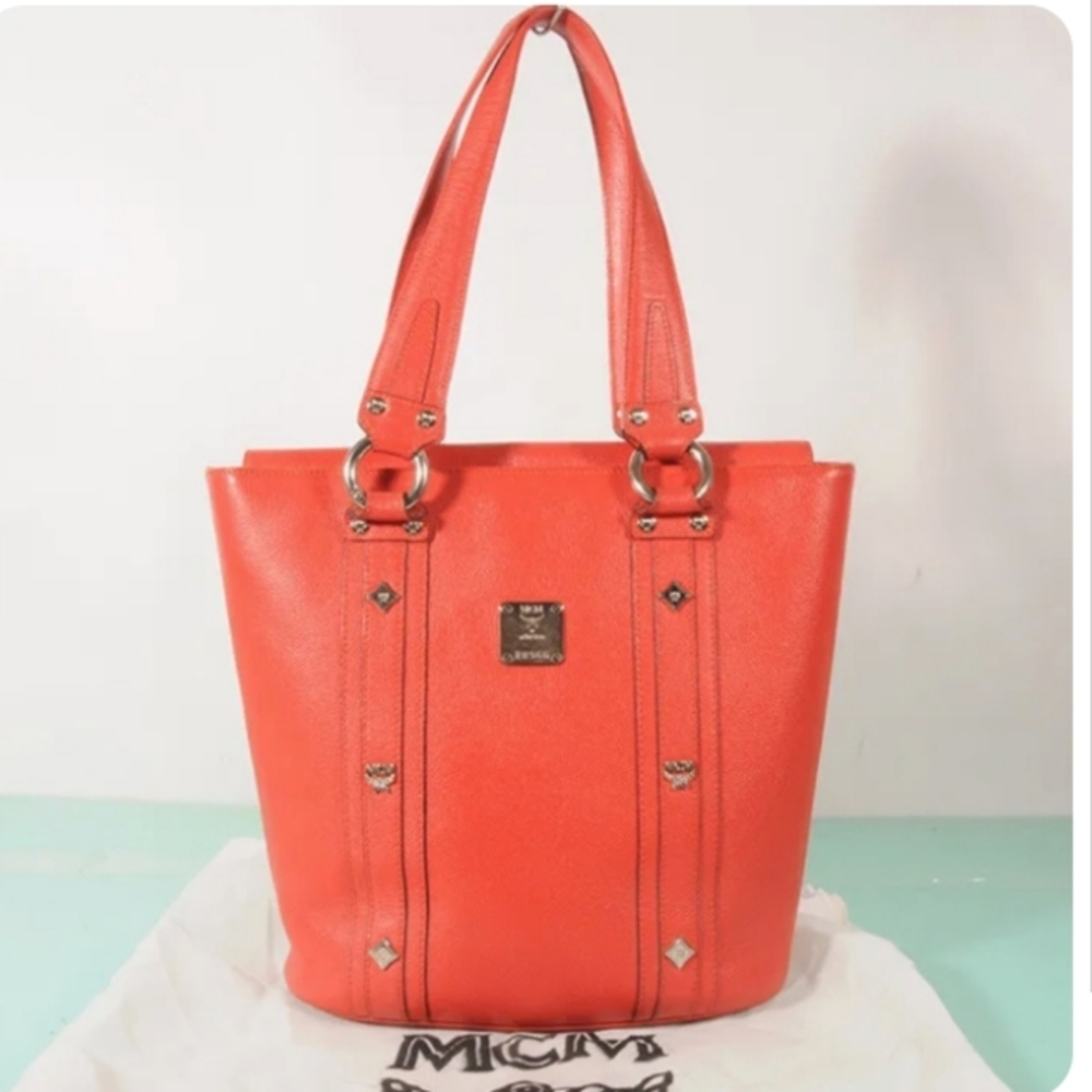 MCM Visetos Salmon Leather Studded Tote Bag + Dust Bag